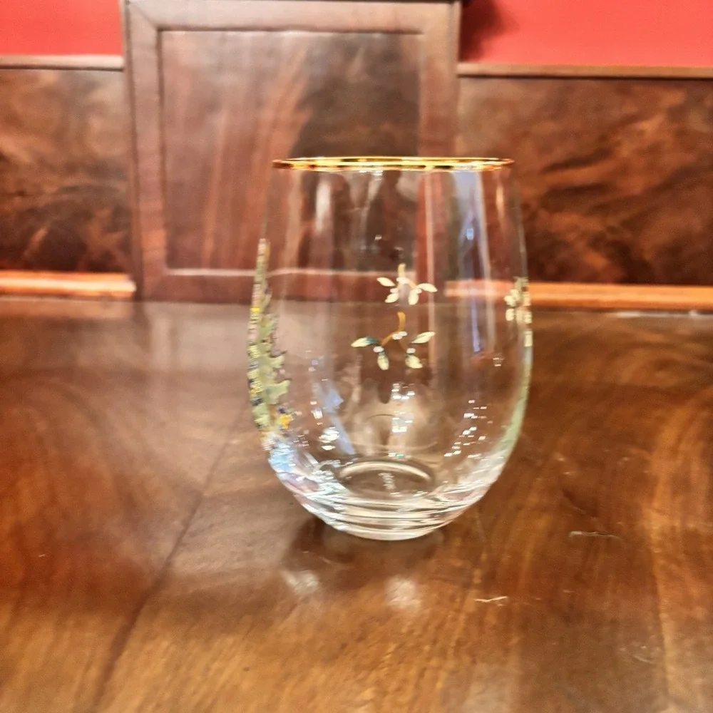 Spode Christmas Tree Stemless Wine Glasses Gold Trim Holiday Cocktail Set of‎ 2